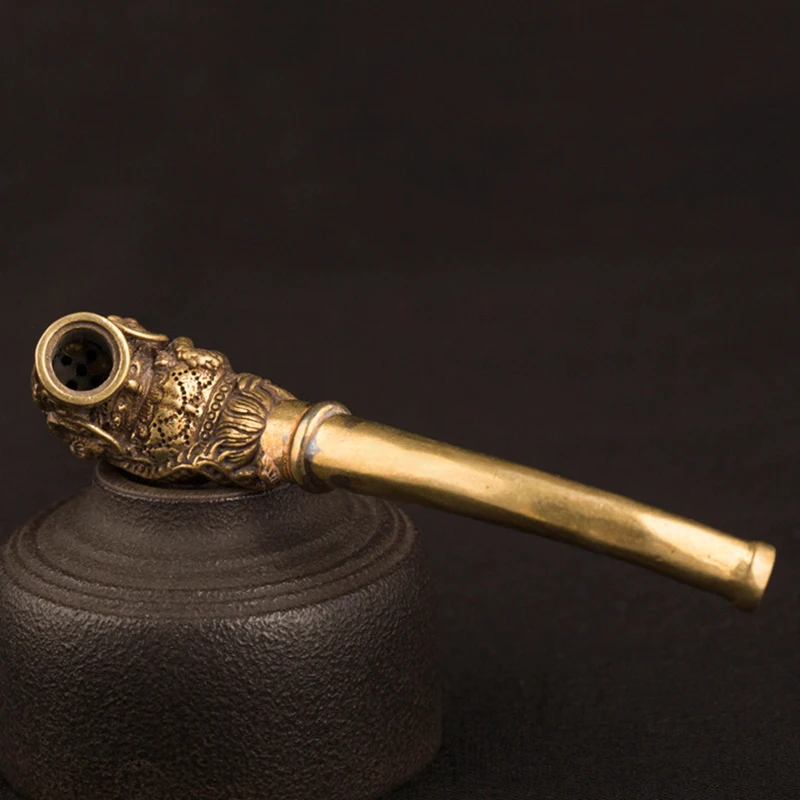 Vintage Brass Dragon Pattern Bent Smoking Tobacco Pipe Accessories Chinese Traditional Pure Copper Cigarette Holder Collections herb smoking pipe,tobacco pipe,tobacco smoking accessories,smoking accessories,smoking pipe