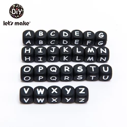 Let's Make Cuentas de silicona con letras del alfabeto, mordedor de silicona negra BPA Fress, collar de dentición artesanal, colgante de lactancia, 12mm, 30 Uds.