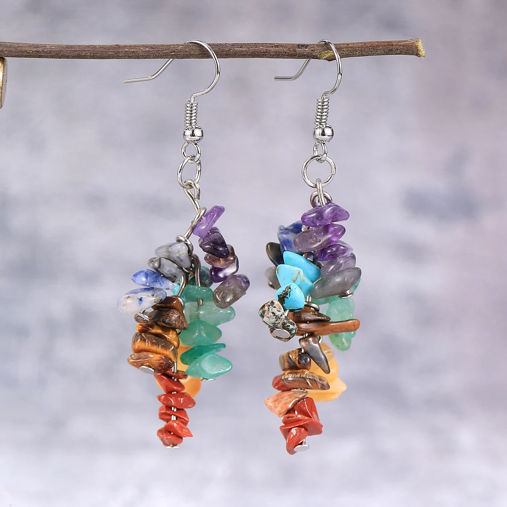 Women Natural Stone 7 Chakras Dangled Earring Asymmetr Chip Gravel Pierced Earrings Hoop Gold Silver Color Hanging Jewelry