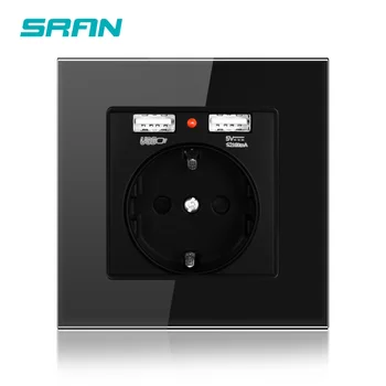 

SRAN EU power socket，socket with usb，5v 2.1A dual usb charging for phone black/gold/ Wine red tempered glass panel 86mm*86mm