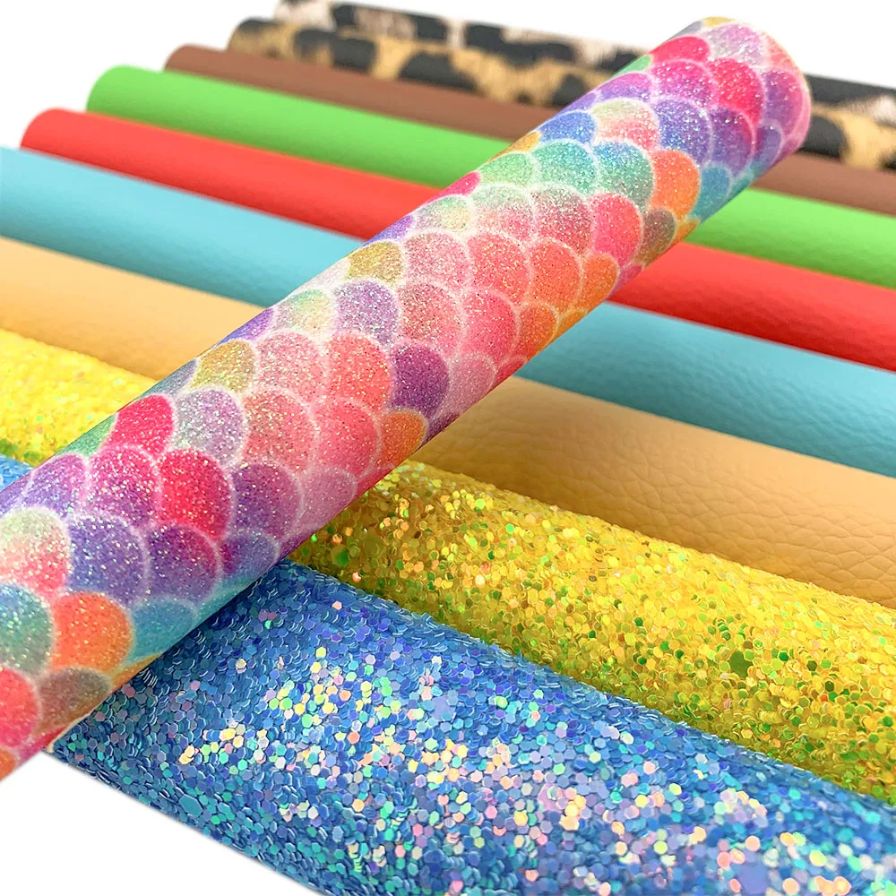 10pcs Chunky Glitter Leopard Print PU Leatherette Sewing Fabric Cartoon Iridescent DIY Bow Bag Toy Craft Decor Handmade 20*15cm