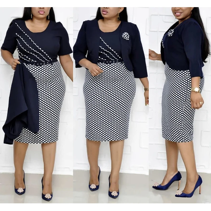 MD Robe Femme Africaine 2020 Women Plus Size Dress Coat Suit & Belt African Print Polka Dot Bodycon Dresses Office Lady Clothes