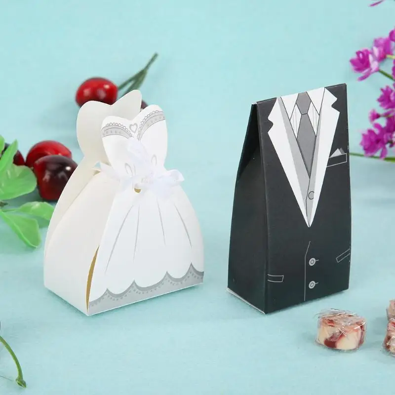 Оригинальные 50 шт. Свадебные платья для невесты, жениха, свадебные очаровательные коробки для конфет, многоцелевые с ленточным декором, Необычные