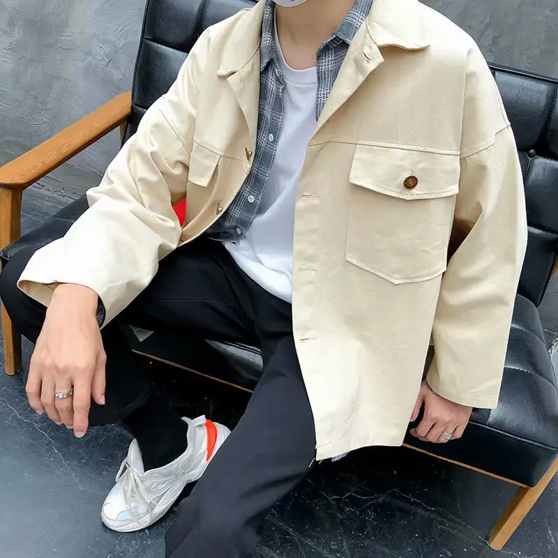 Coat Men's Spring And Autumn Korean-style Trend Loose-Fit Handsome MEN'S Coat Casual Autumn Cowboy Workwear Solid Color Jacket F