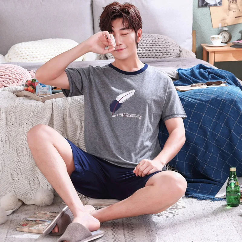 2019 Summer Short Sleeve Cotton Pajamas Sets for Men Plaid Pants Sleepwear Male Cute Cartoon Homewear Pijama Lounge Home Clothes 2019 Summer Short Sleeve Cotton Pajamas Sets for Men Plaid Pants Sleepwear Male Cute Cartoon Homewear Pijama Lounge Home Clothes