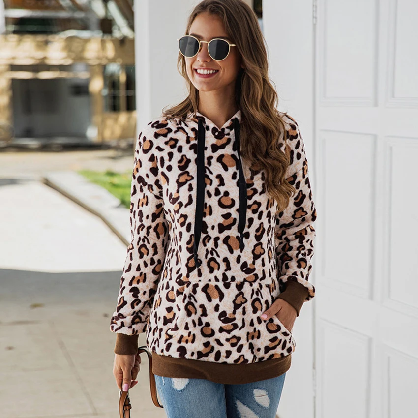 

New 2019 Autumn Winter Warm Hoodies Women Drawstring Hooded Fleece Sweatshirt Long Sleeve Front Pocket Leopard Casual Hoody Tops