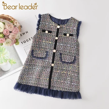 

Bear Leader Girls Party Elegant Dress New Fashion Kids Princess Costumes Girl Plaid Sleeveless Costumes Children Clothing 3 7Y