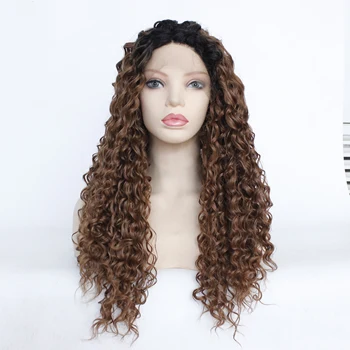 

MRWIG long kinky curly free part ombre 1b#/#30 auburn color hair synthetic glueless front lace wig