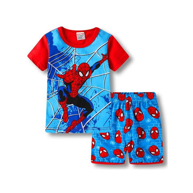 Free Shipping New Kids Boys And Girls Spider Clothes Baby Pajamas Summer Cotton Short Sleeve T-Shirt Pajamas Suit