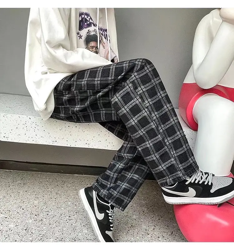 ICCLEK Men's Jeans 2021 Fall Men's Casual Pants Loose Straight Pants Fashion Plaid Casual Pants Mens Jeans  Patchwork Jeans