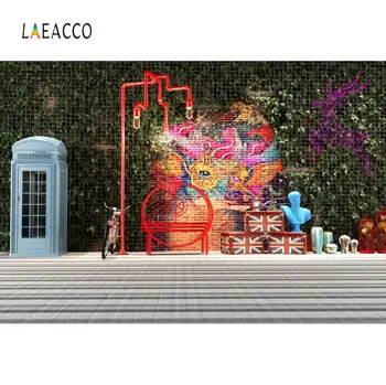 

Laeacco Graffiti Brick Wall Grass Telephone Booth Photo Backgrounds Personalzied Portrait Photography Backdrops For Photo Studio