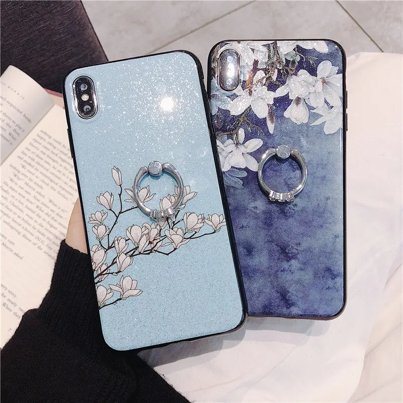 

Diamond Glitter Flower Floral Phone Case For iPhone 11 Pro XS MAX XR X 8 7 6 6s Plus Case Cover Fundas Silicone Coque With Ring
