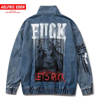 

Aelfric Eden Hip Hop Denim Jackets Men Vintage Weeping Girl Print Streetwear Zip Jacket Casual Autumn Jacket Coat Oversized