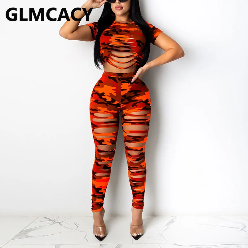 Women Camo Printed Ripped Chic Two Pieces Suits Short Sleeve Crop Top and Skinny Pants Set Women Camo Printed Ripped Chic Two Pieces Suits Short Sleeve Crop Top and Skinny Pants Set