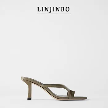 

Summer Thong Toe Slippers Women Square Toe Sandals Women Khaki Asymmetry Design High Heels Flip Flops Women Shoes
