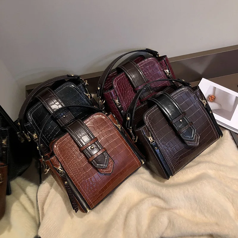 

Fashion Crocodile Design Zippers Decoration Bucket Bag Women Crossbody Shoulder Bags Solid Women's Bags Luxury PU Leather Bag