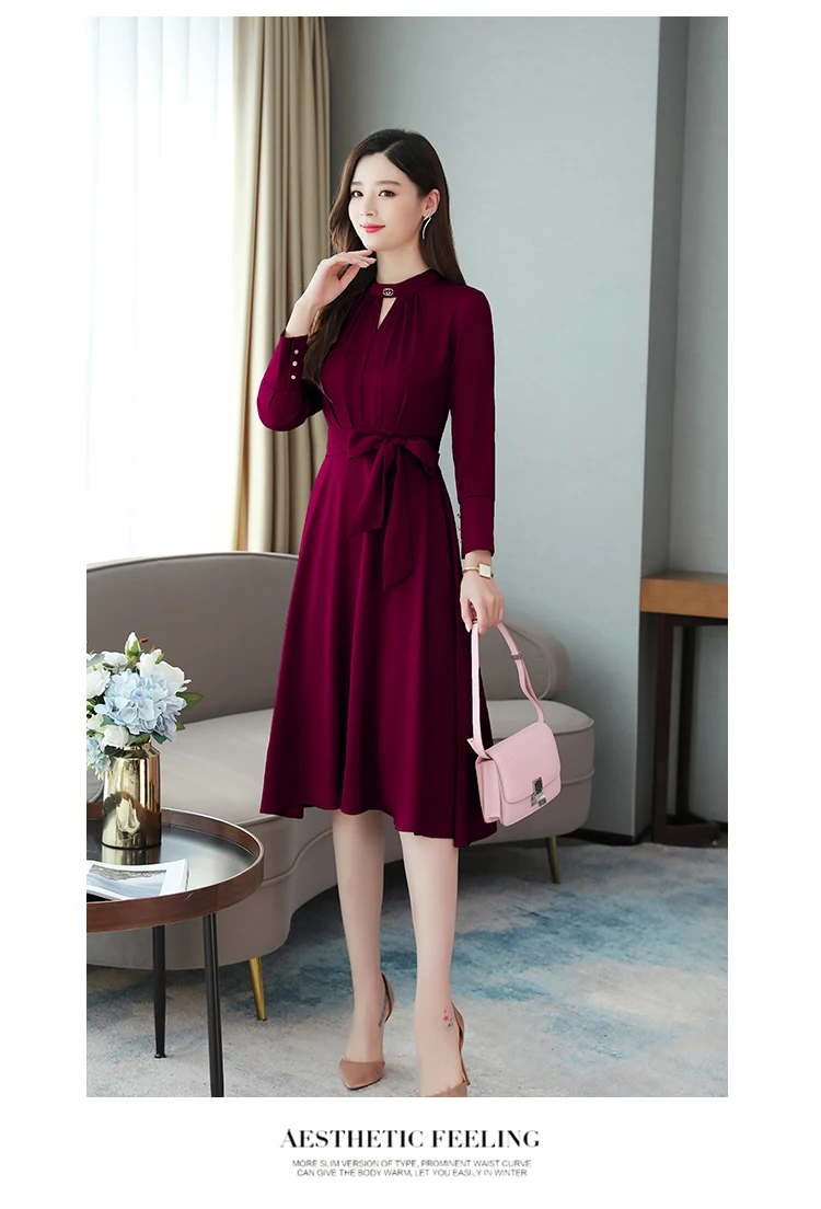 Весенние и осенние новые темпераментные женские платья с высокой талией, винтажное платье для работы, одежда с длинными рукавами, зеленый, розовый, черный, темно-красный
