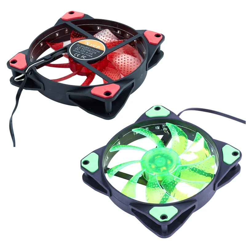 2 Pc 15 Lights LED PC Computer Chassis Fan Case Heatsink Cooler Cooling Fan DC 12V 4P 120X120X25Mm, Red& Green