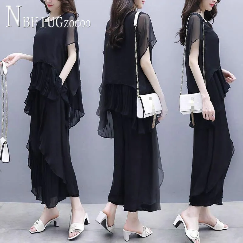 2020 Summer Plus Size Chiffon Women Sets Blouse And Wide Leg Pants Female Sets matching top and trousers set