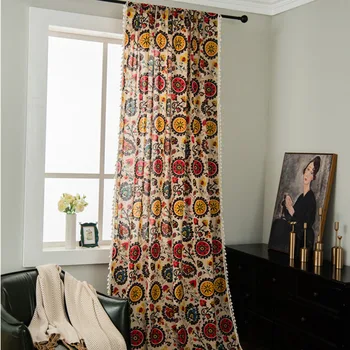 

Country Style Floral Printed Darkening Hotel Curtain Panel Shading With Tassels Bedroom Soft Home Decor Cotton Linen Hanging