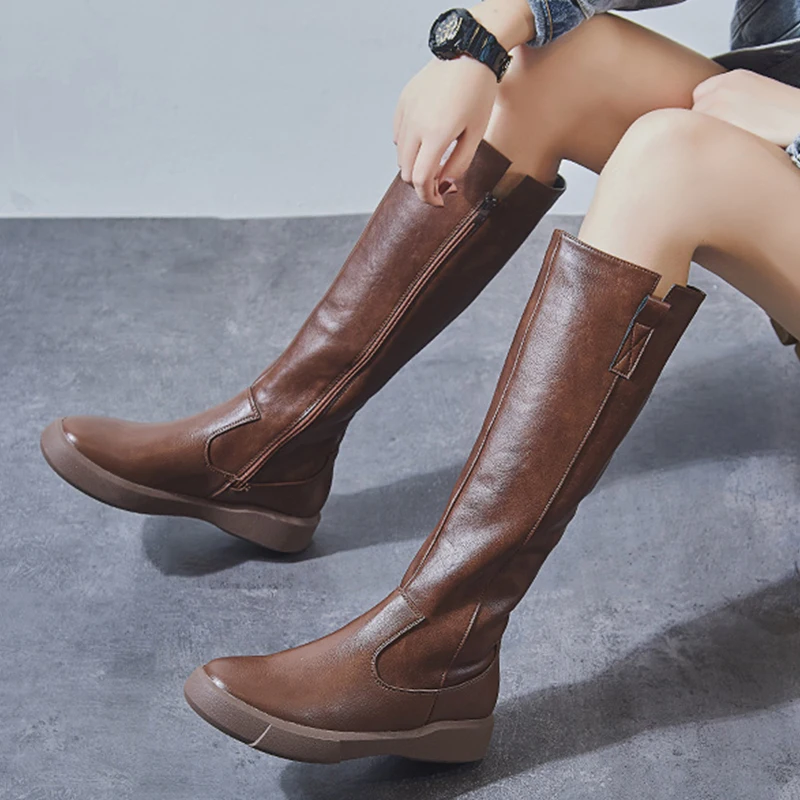 

2019 Winter Knight Boots Square Toe Casual Women Boots Zipper Riding Flat Ladies Shoes Long Boots Rome Style Boots Footwear