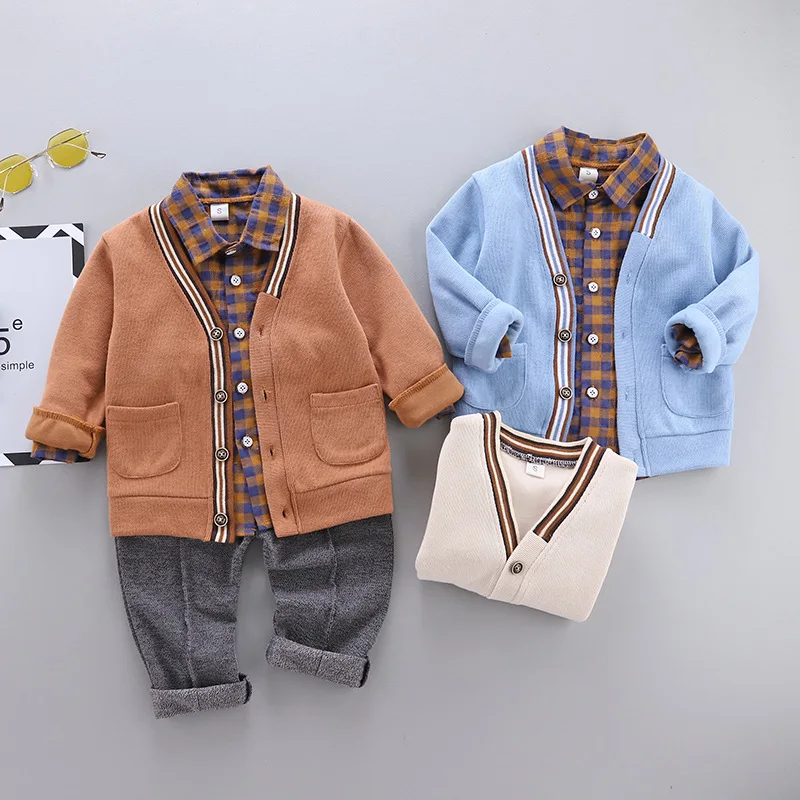 

CHILDREN'S Suit 2020 Spring And Autumn New Style Children Baby M Woolen Cardigan Sweater Coat Plaid Shirt Three-piece Set