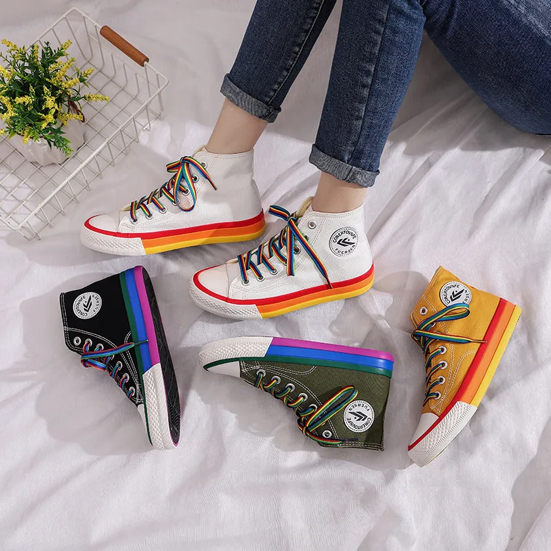 

CINESSD Canvas Shoes Woman Fashion Chunky Sneakers Ladies New Spring 2020 High Top Platform Sneakers Women Shoes Rainbow Sneaker