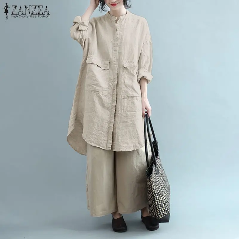 ZANZEA женские ретро Длинные рубашки с длинным рукавом и пуговицами Vestido Весенняя хлопковая льняная блузка винтажная Туника Топы Femme Blusas 5XL