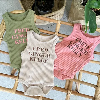 

Newborn Baby Boy Girl Solid Ribbed Bodysuit Jumpsuit Cotton Outfits Sleeveless Sunsuit 0-24M Letter Print Baby Summer Clothing
