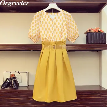 

Plus Size L-4XL Yellow Dot 2 piece Skirt Set Women Summer Striped Dot Printing V-neck Single-breasted Tops and Ruched Skirt Suit