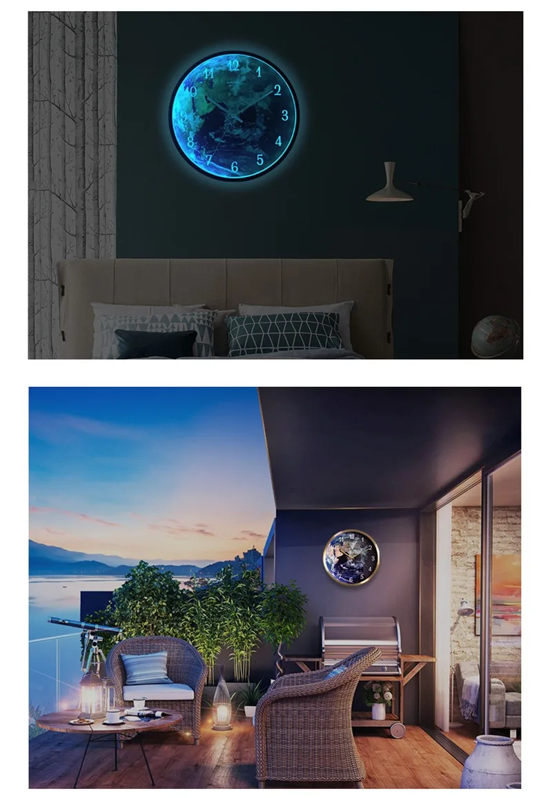 LED sound and light dual control luminous wall clock creative earth home clock living room decorative hanging clock