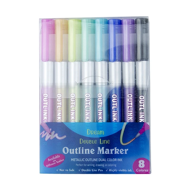 12 Color Double Line Outline Art Pen Marker Pen DIY Graffiti Outline Marker Pen Highlighter Scrapbook Bullet Diary Poster Card 1 set 8 color A