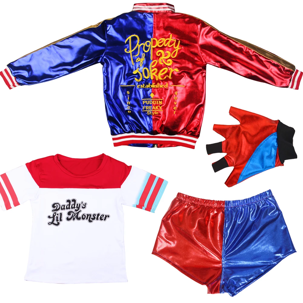 4pcs with gloves Хэллоуин Праздник взрослый отряд самоубийц Харли Куинн косплей костюм для женщин Аркхэм Asylum City Джокер Фильм аниме платье - Цвет: 4pcs with gloves