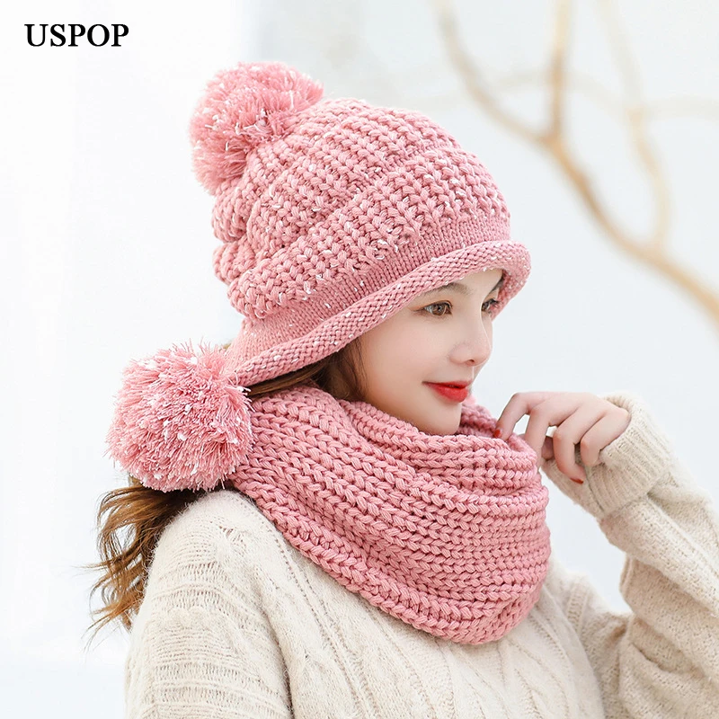 USPOP, зимняя шапка, шарф, набор, для женщин, бархатная подкладка, skullies, толстые, теплые, с помпонами, шапки, бини, женский шарф