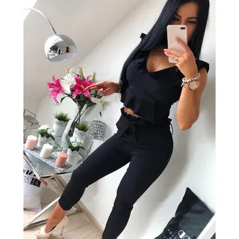 

2019 New Ruffle Crop Top Pencil Pants Suit Two Piece Set Women Autumn High Waisted Solid Tracksuit Casual Outfits