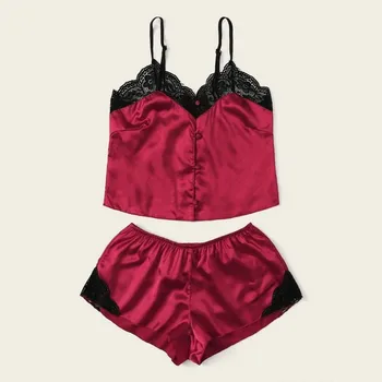 

Sexy Sleepwear Nightwear Women's Pajamas Set V-Neck Lace Satin Buckle Camisole Pyjamas Shorts Sexy Lingerie Summer Home Clothes