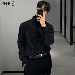 Pfhq 2021 nova moda masculina solta cor sólida coreano na moda bonito veludo retro lapela manga longa camisa outono inverno 21e4662
