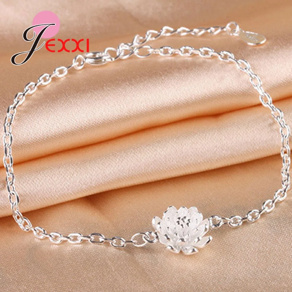 

Super Deals 925 Sterling Silver Chain Bracelets Jewelry for Lovely Girl Women Shining Silver Metal Flower Shaped Charms Bangles