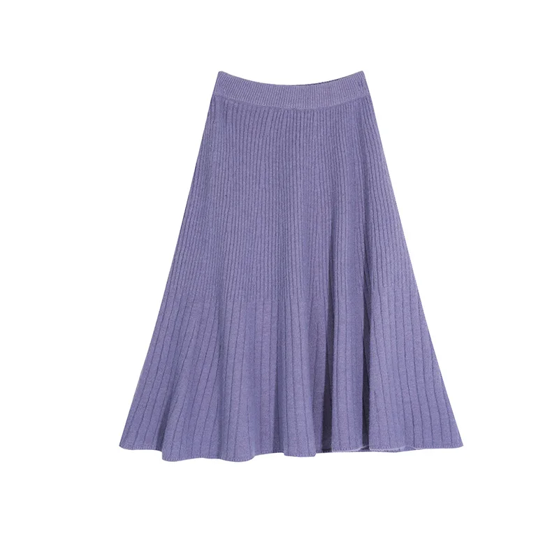 ELFSACK разноцветная полосатая трикотажная юбка в Корейском стиле для женщин, новинка, зима, чистый цвет, высокая талия, повседневные офисные юбки для девушек - Цвет: Фиолетовый