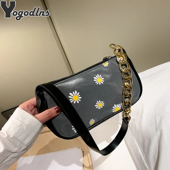

Fashion Women Underarm Handbag Ladies Daisies PU Leather Chain Shoulder Crossbody Bag Vintage Baguette Female Small Clutch Purse