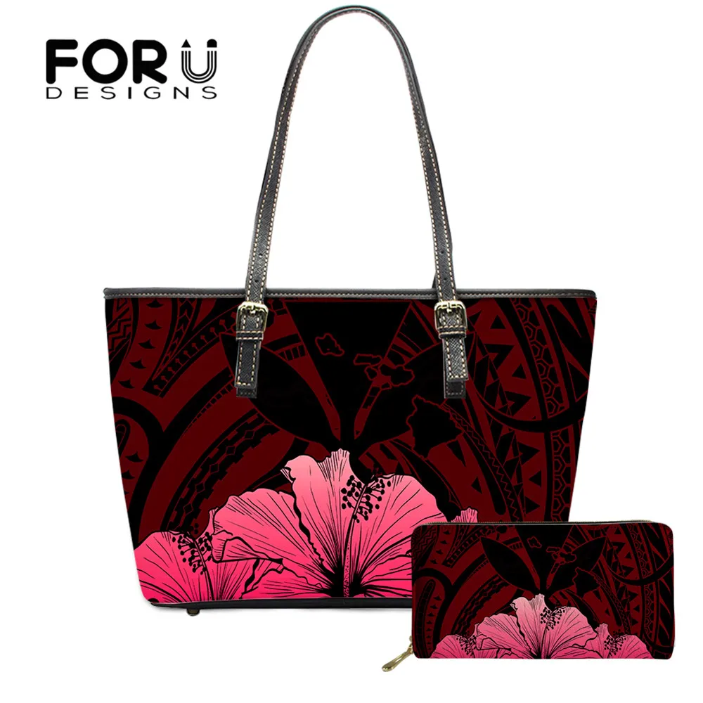 

FOURDESIGNS Hawaii Hibicus Flower Print Luxury Women 2set PU Leather Totes Bag And Purse Large Shoulder Bag For Teenager Girls