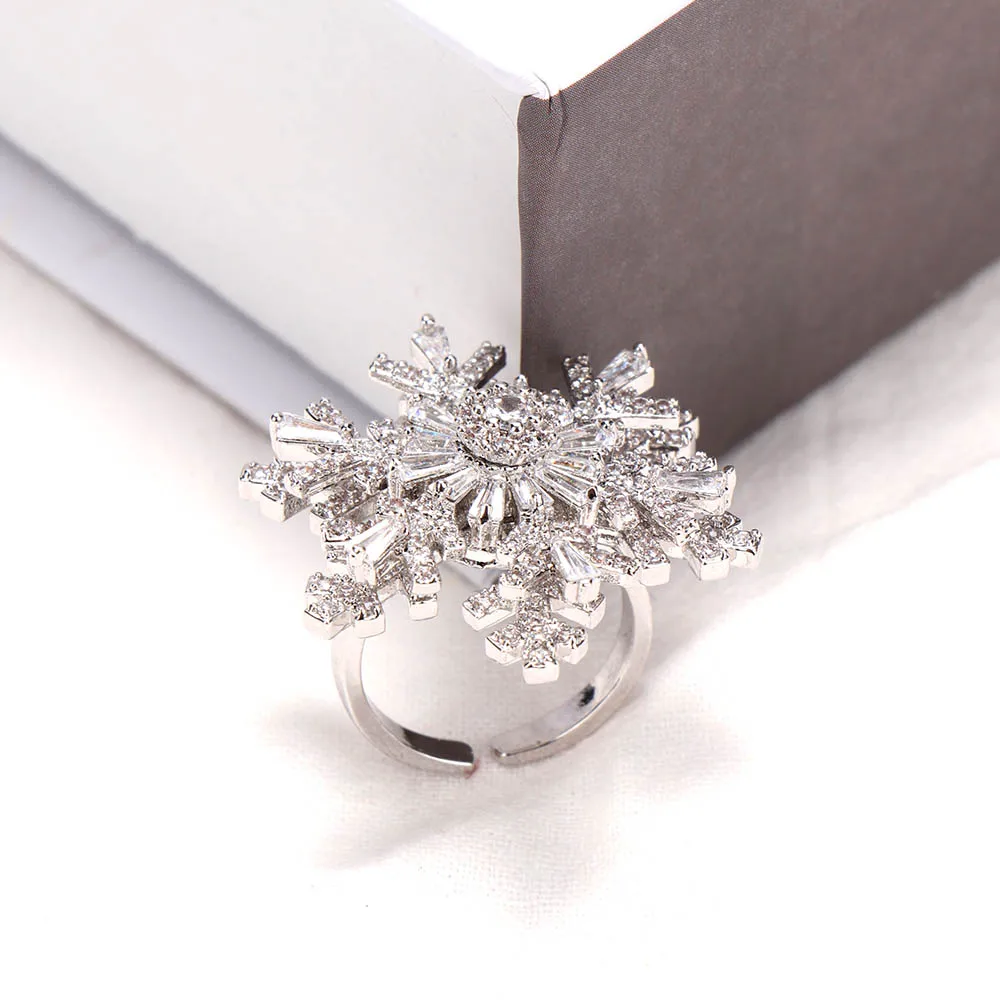 Роскошное женское кольцо-Снежинка, модное блестящее вращающееся серебряное кольцо с кристаллами и цирконием, регулируемое отверстие обручальное кольцо, кольца