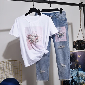 

Summer Sets Women Beading Flowers Cotton Short sleeve Tee shirt + Holes Denim Pants 2 Piece Set Female Loose Tops Jeans Outfits