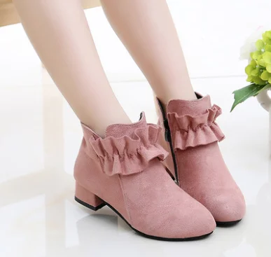 Children Kids Winter Boots Fashion Cute Flowers Flock Zippers Ankle Boots Low Heels Square Round Toe Warm Shoes pink red black