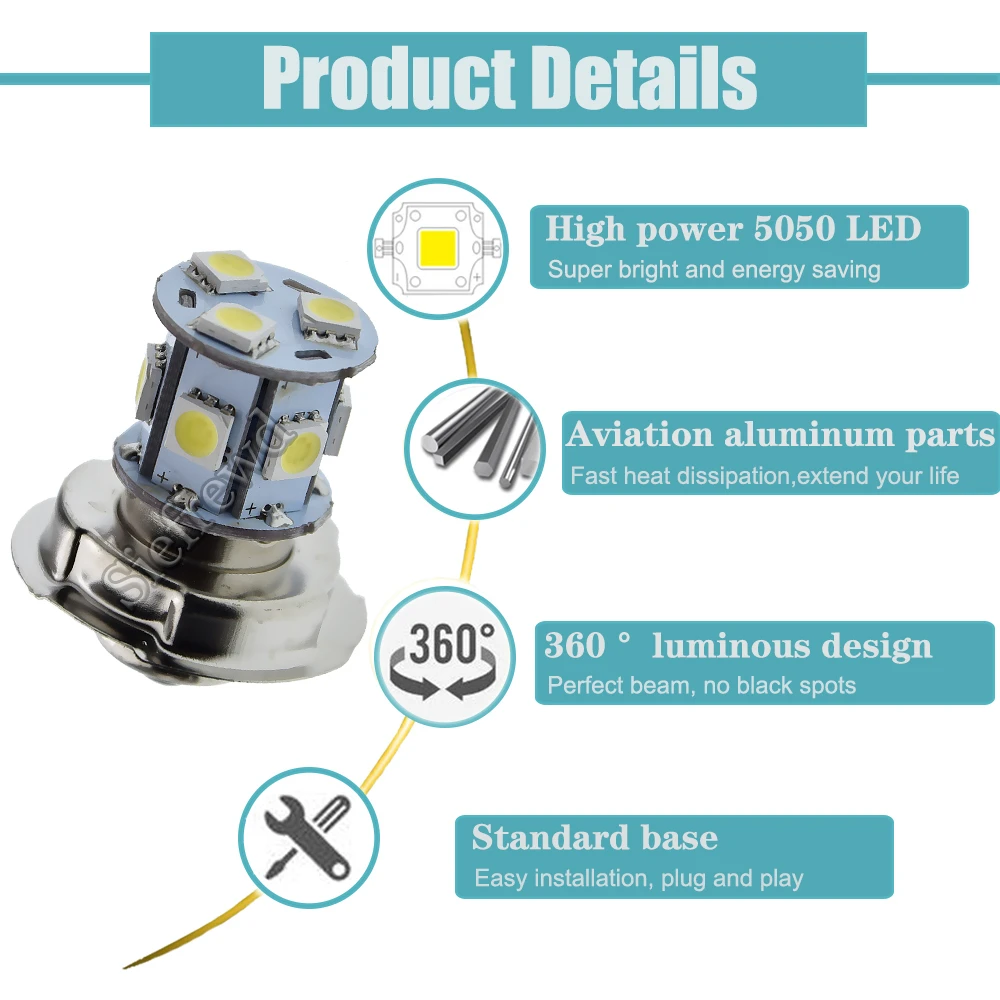 2Pcs Motorbike LED Headlight P26S Bulb 6V 12V Volt Motorcycle Headlamp Light 5050 9SMD Scooter Moped Moto Bike Front Head Lamp