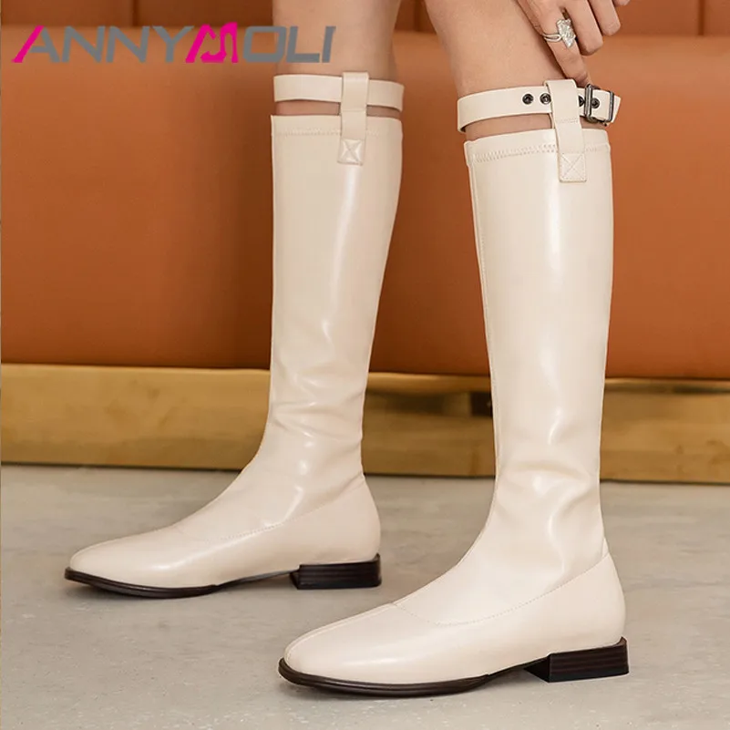 

ANNYMOLI Riding Boots Woman Low Heel Knee High Boots Block Heel Shoes Buckle Square Toe Long Boots Ladies Autumn Winter Beige 43