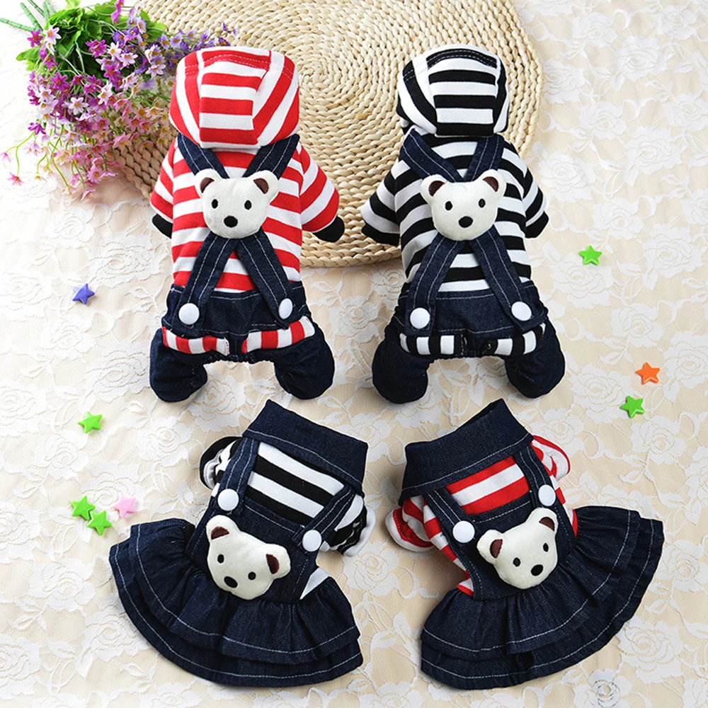 Pet Dog Wear Cartoon Bear Striped Jumpsuit With Hoodie & Bear On Back Party Pet Dress Supplies dog costume set