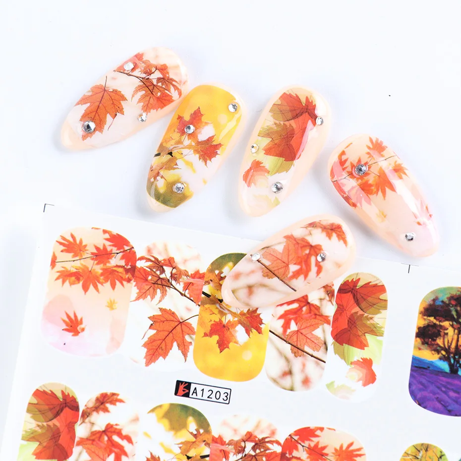 1 лист красочный осенний сезон дерево переводная Вода ногтей искусство стикер Красота красный клен листовая Наклейка украшения для ногтей JIA1201-1212