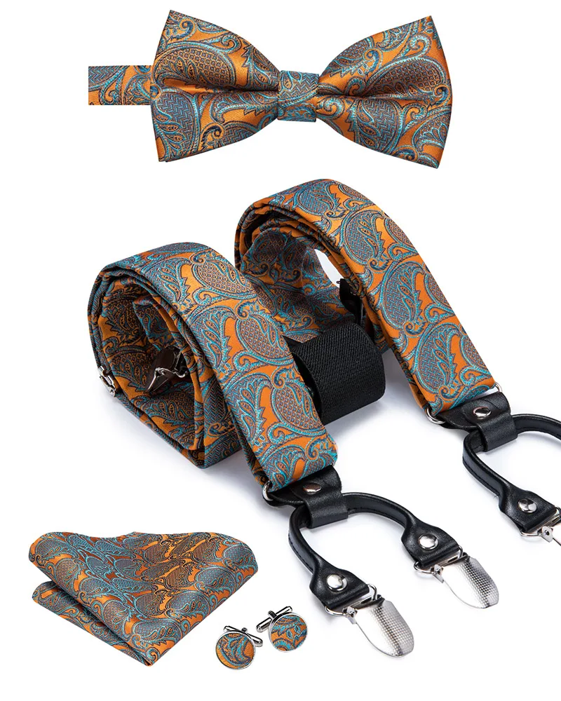 BD3016 Hi-Tie шелк для взрослых мужские подтяжки галстук бабочка Запонки Набор Кожа Металл 6 зажимы подтяжек Эластичные подтяжки для мужчин коралловый персик - Цвет: BD3016