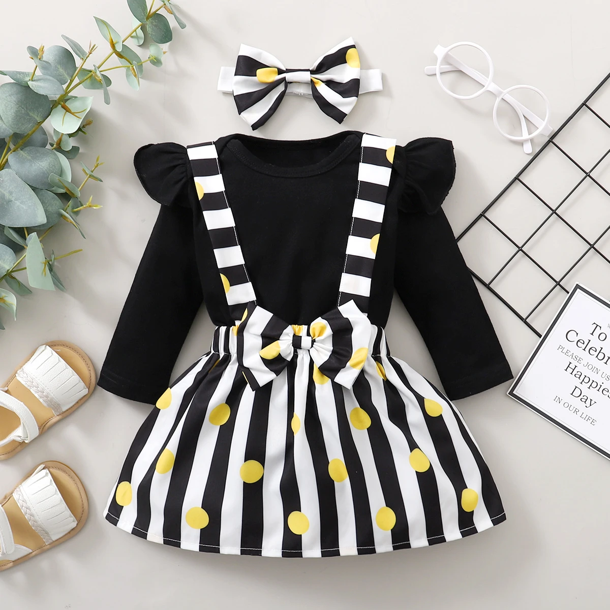 best Baby Clothing Set 3Pcs Newborn Dress Baby Girl Dress Romper + Bow Dot Striped Print Suspender Skirt Fashion Long Sleeve Spring Autumn Winter Dress warm Baby Clothing Set